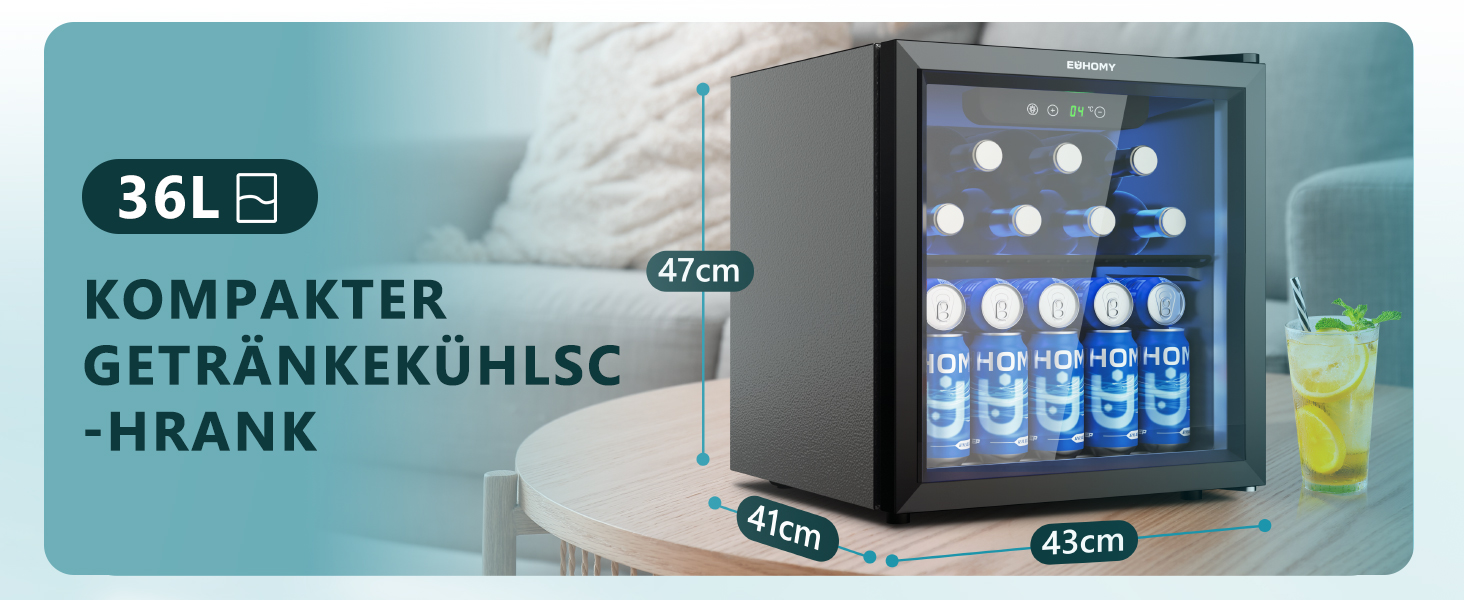 Міні-холодильник EUHOMY для напоїв на 55 банок з скляною дверцятами, чорного кольору, 36 л, для офісу, кімнати, бару, з LED-підсвіткою, 43 дБ