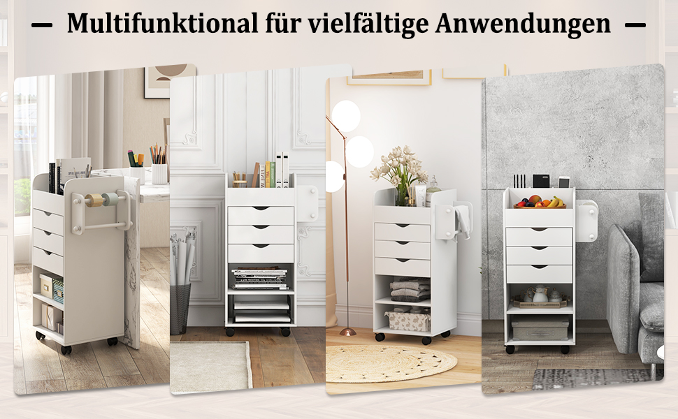 Роликовий контейнер COSTWAY з 3 висувними ящиками, робочий візок з 2 ручками та 3 полицями, дерев'яний шафка на колесах, багатофункціональний візок для офісу/кабінету (білий)
