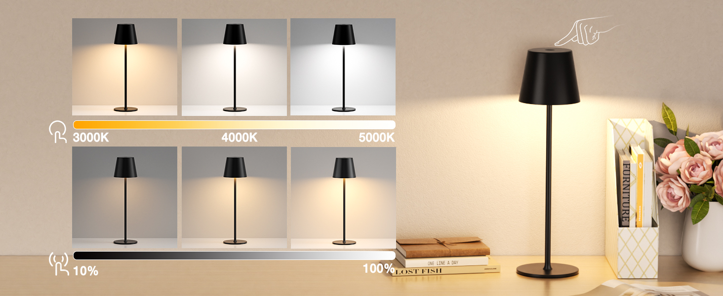 LED-лампа настільна акумуляторна бездротова, 2 шт. з регулюванням яскравості та 3 колірними температурами, сенсорне керування, зарядка USB-C, для дому, відпочинку та кемпінгу (чорний)