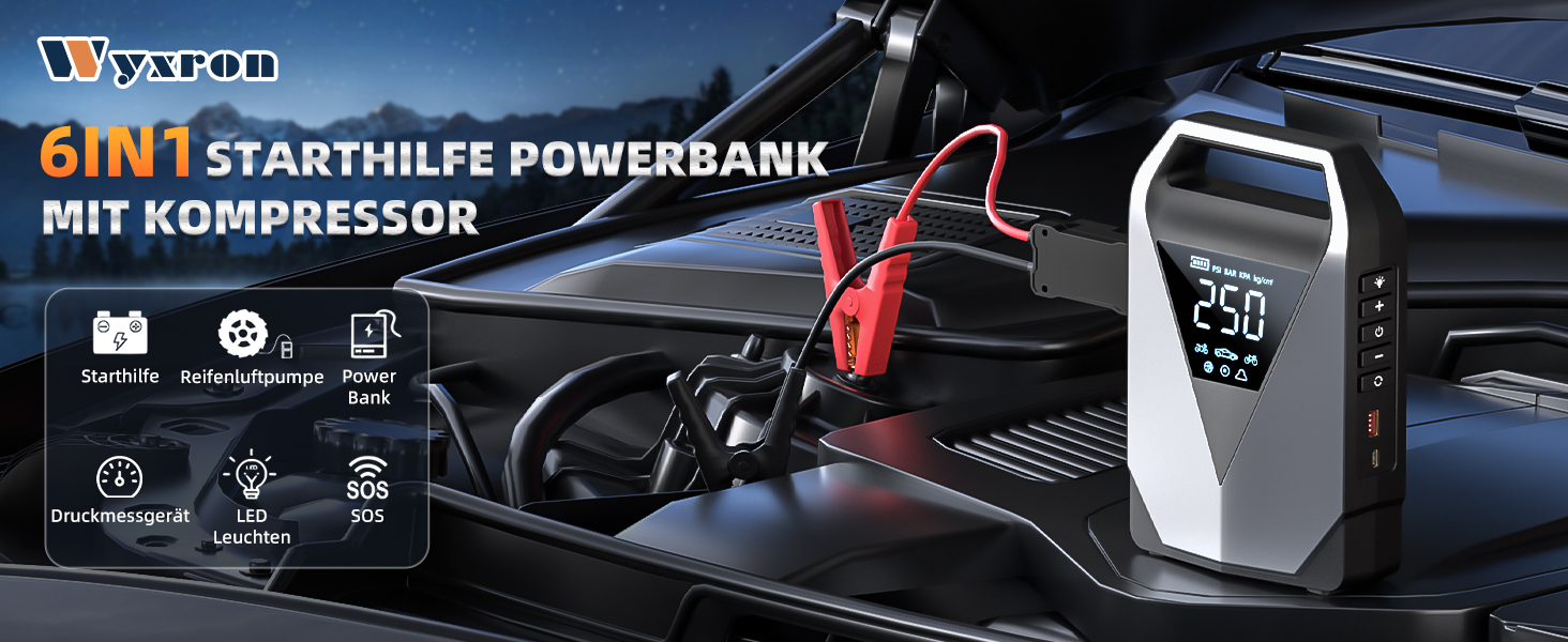 Пусковий пристрій Powerbank з компресором 6в1, бустер для авто 3000А 150PSI для 12В акумуляторів, автозапуск з LCD-екраном, QC3.0 та LED-ліхтарем (для всіх бензинових та дизельних двигунів до 8л)