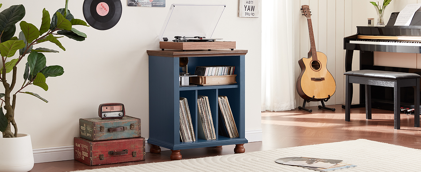 LELELINKY Підставка для програвача, полиця для платівок, містить до 200 платівок, великий дерев'яний стіл для програвача, полиця для платівок у вітальню, спальню, офіс (Блакитний)