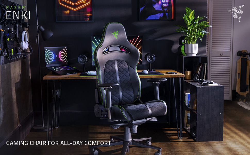 Ігровий крісло Razer Enki Schwarz: Комфорт на весь день (Підтримка попереку, широке сидіння, оптимізована щільність наповнювача, нахил до 152°) Зелений | Стандарт