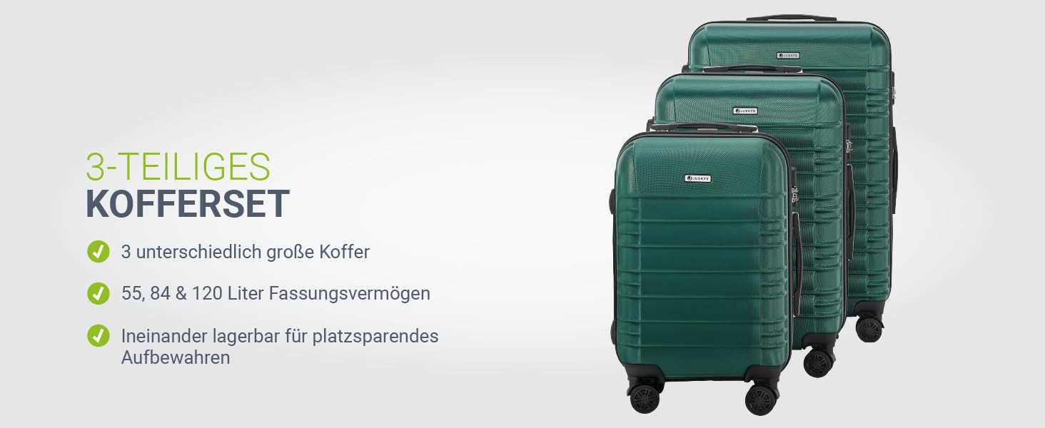 Набір валіз Juskys Hartschale 3 в 1 - зелений колір, захисний корпус, кодований замок, тихі колеса, телескопічна ручка
