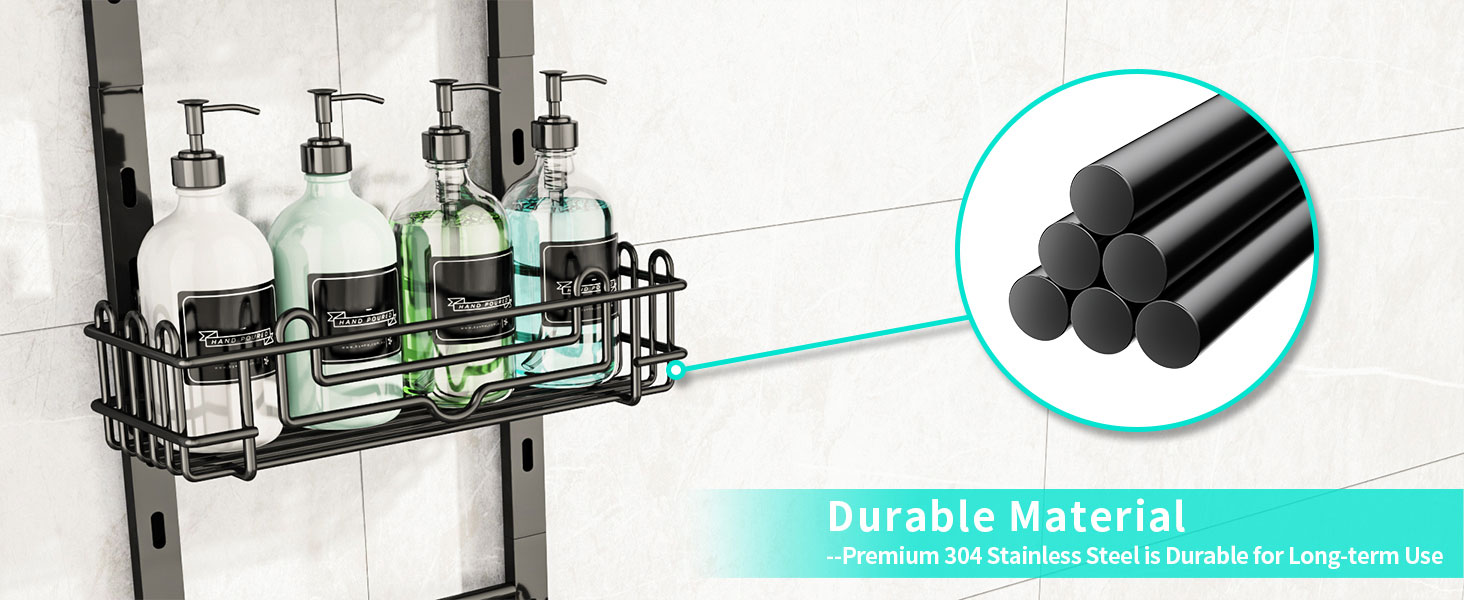 Настінна поличка для душу HapiRm з 4 ярусами, чорна - 22 гачки, 2 тримачі для зубних щіток