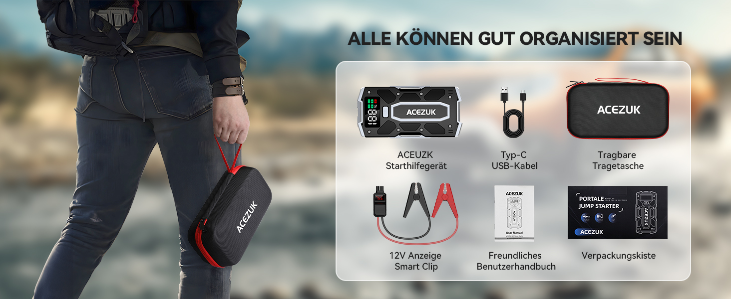 Портативний зарядний пристрій Starthilfe Powerbank 6000A для автомобіля з LED-ліхтариком та великим екраном (7000A Чорний)