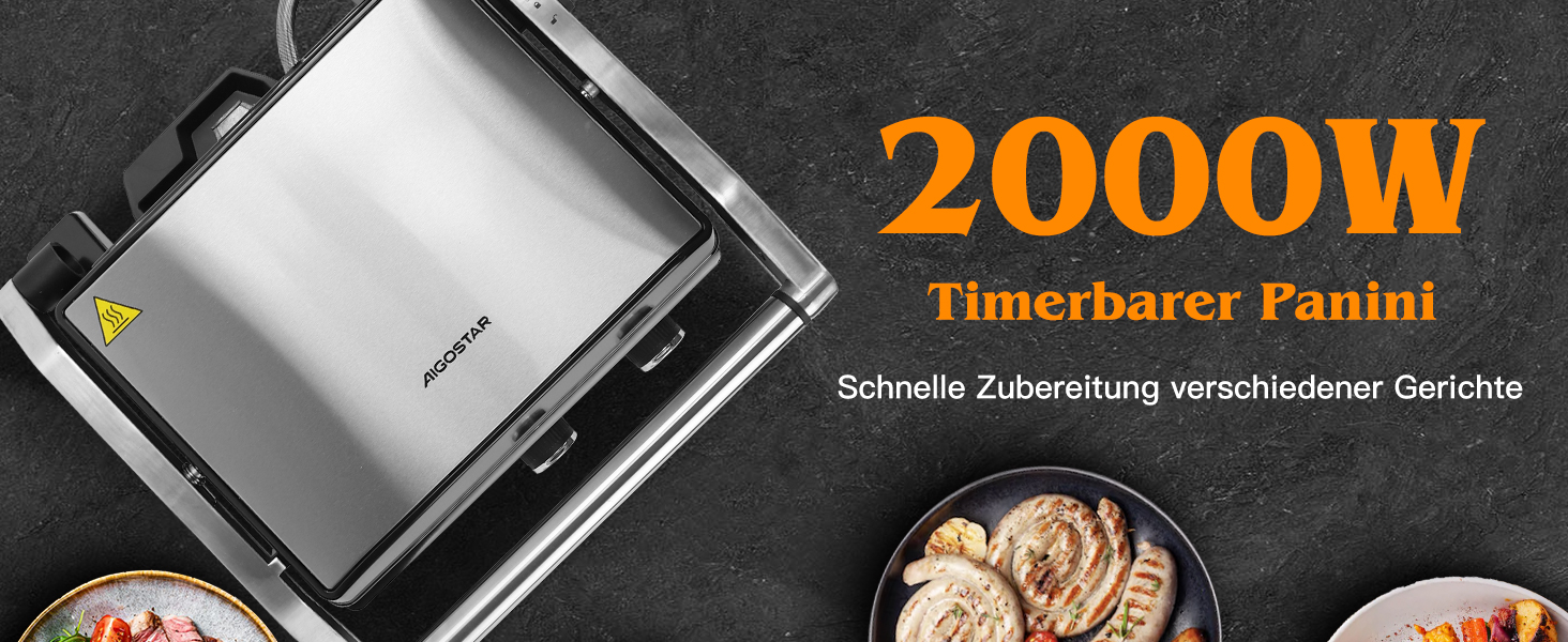 Контактний гриль Aigostar з керамічним покриттям, таймер на 30 хв. Паніні гриль та сендвічмейкер для сендвічів, стейків, тостів. 2000 Вт, регульований термостат, відкривання 180°, функція грилю