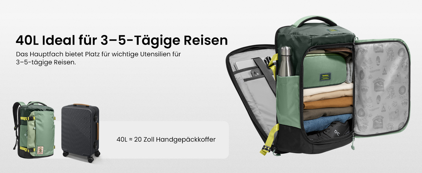 Дорожній рюкзак tomtoc 28L/40L для подорожей та перельотів, TSA-сумісна ручна поклажа (Moosgrün-ripstop)