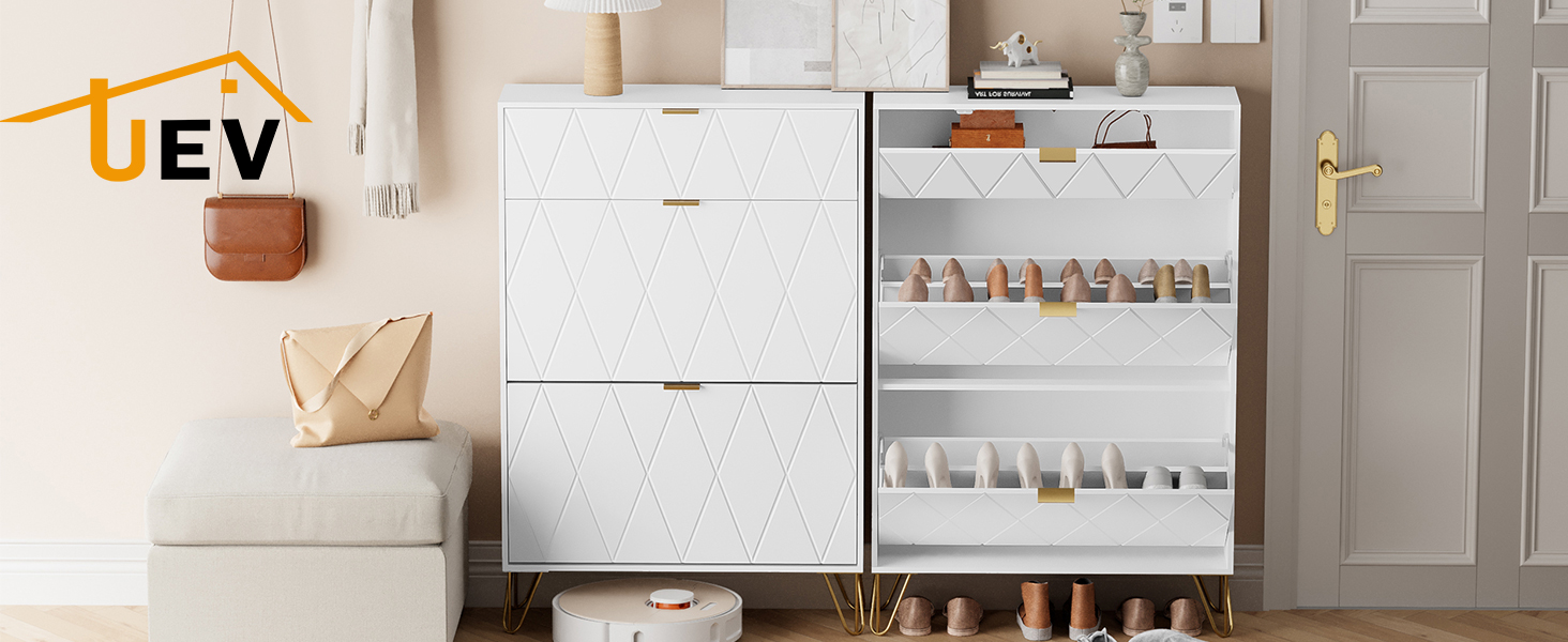 Взуттєва шафа UEV з 2 відкидними дверцятами, 80 x 24 x 120 см, на 16 пар взуття, з 1 висувною шухлядою, біла, вузька, для передпокою, економія місця