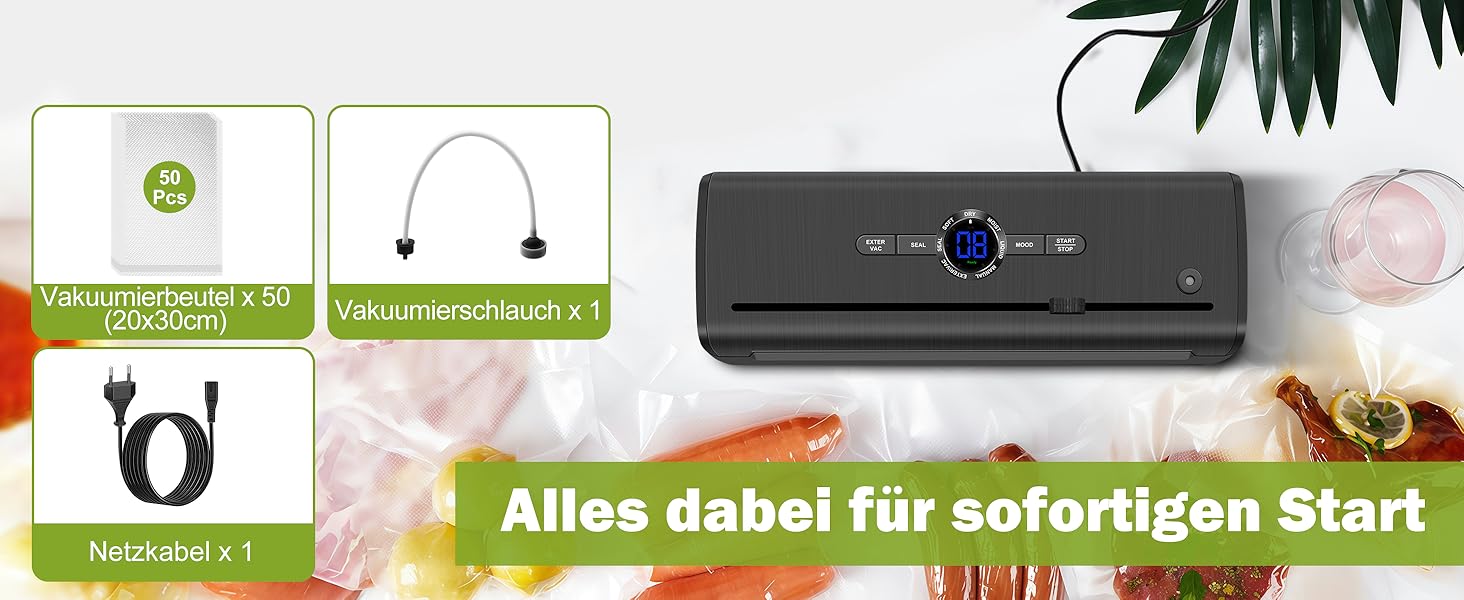 Вакууматор для продуктів 7 в 1, професійний вакуумний пакувальник з подвійним швом, цифровим таймером та різаком, комплект з 50 пакетами (Чорний)