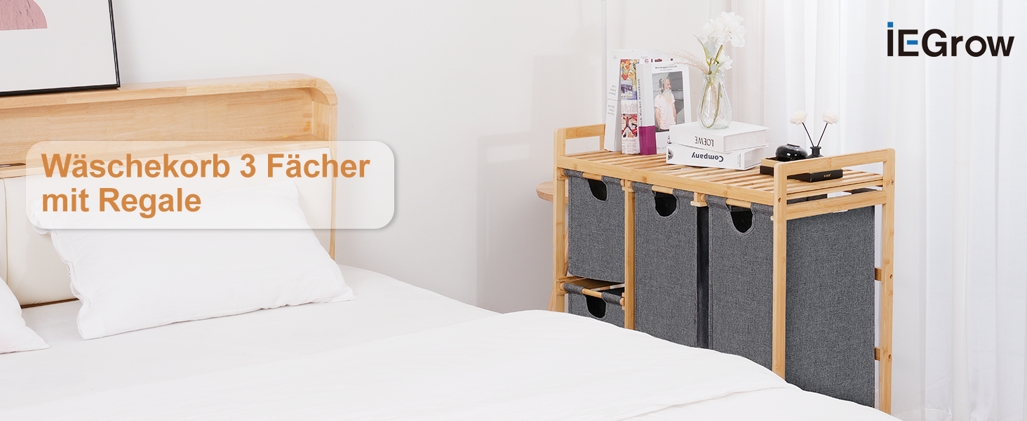 Кошик для білизни iEGrow з 4 відділеннями, 150л, бамбуковий візок для білизни з полицею, місткий кошик для брудної білизни з оксфордської тканини (сірий)