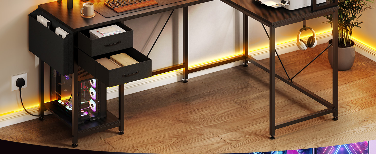 Ігровий кутовий стіл YITAHOME з розетками та LED підсвіткою, 150x100x150 см, чорний - стіл для комп'ютера з полицями та підставкою під монітор для дому/офісу