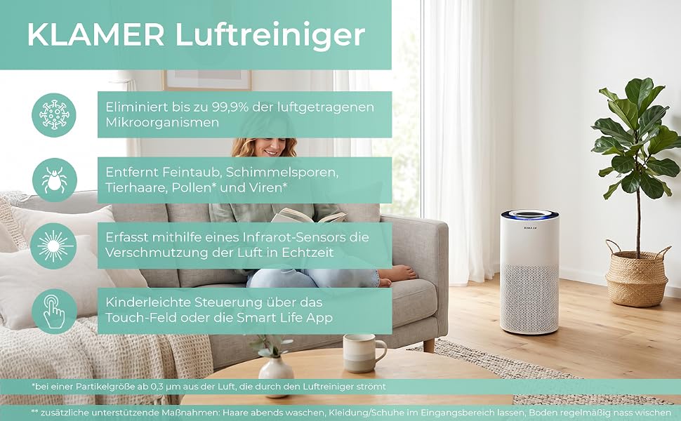 Очищувач повітря KLAMER 600i з HEPA H13, вугільним фільтром та UV-світлом, CADR 450 м³/год для приміщень до 55 м², білий