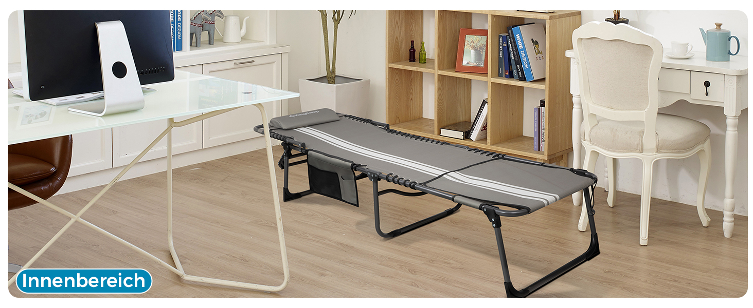 Лежак для відпочинку KingCamp великого розміру, складаний, 5 положень, для саду, кемпінгу, пляжу, 200 x 68 см, сірий, з подушкою та кишенею, до 200 кг