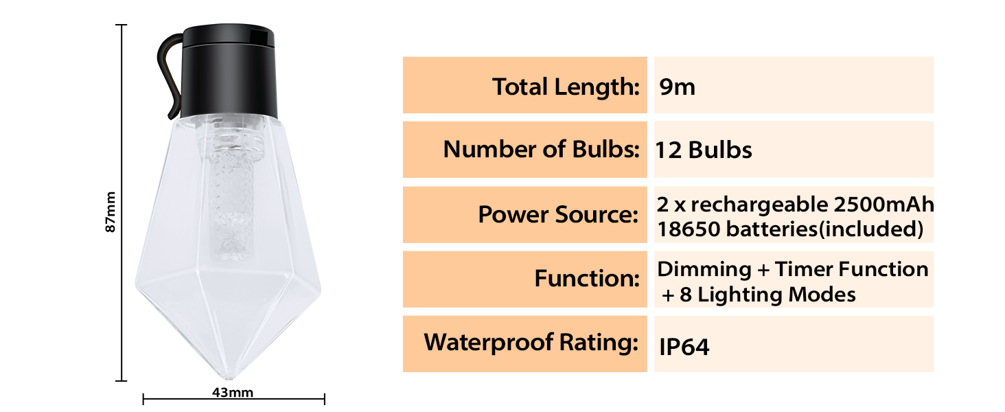 Ланцюжок прикрас для саду на батарейках G30, 9м, 20 LED, тепле світло, з пультом, таймером, димеруванням, IP64, для саду, Різдва, балкону, бістро