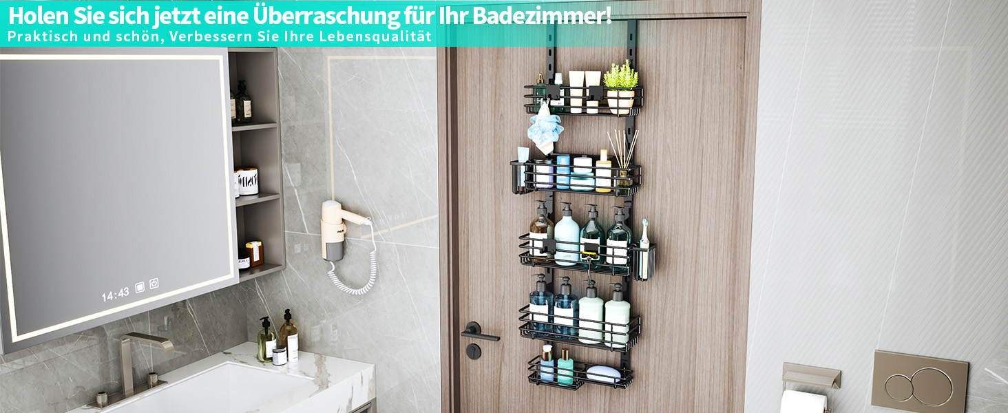 Дзеркальна поличка для душу HapiRm на двері з 22 гачками та тримачами для зубних щіток - 5 ярусів (Чорний)