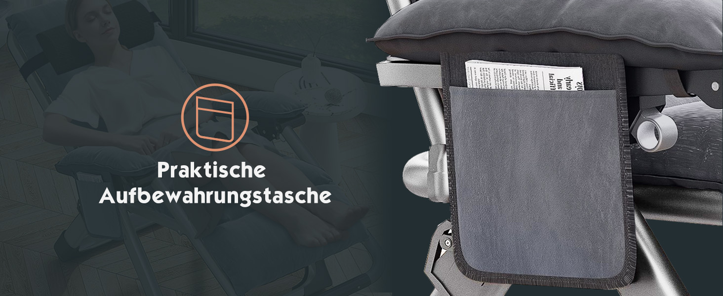 Лежак для відпочинку MOPHOTO Zero Gravity - розкладний, 200 кг, з подушкою та кишенею, для саду, балкону, тераси (сірий)