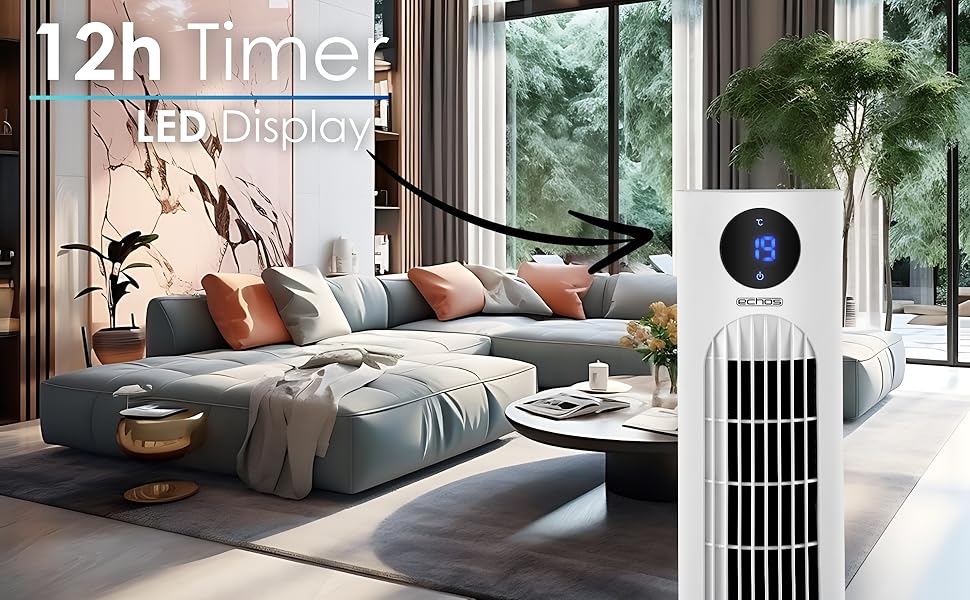 Вентилятор Tower Echo - тихий, з пультом, LED-дисплеєм та таймером 12 год
