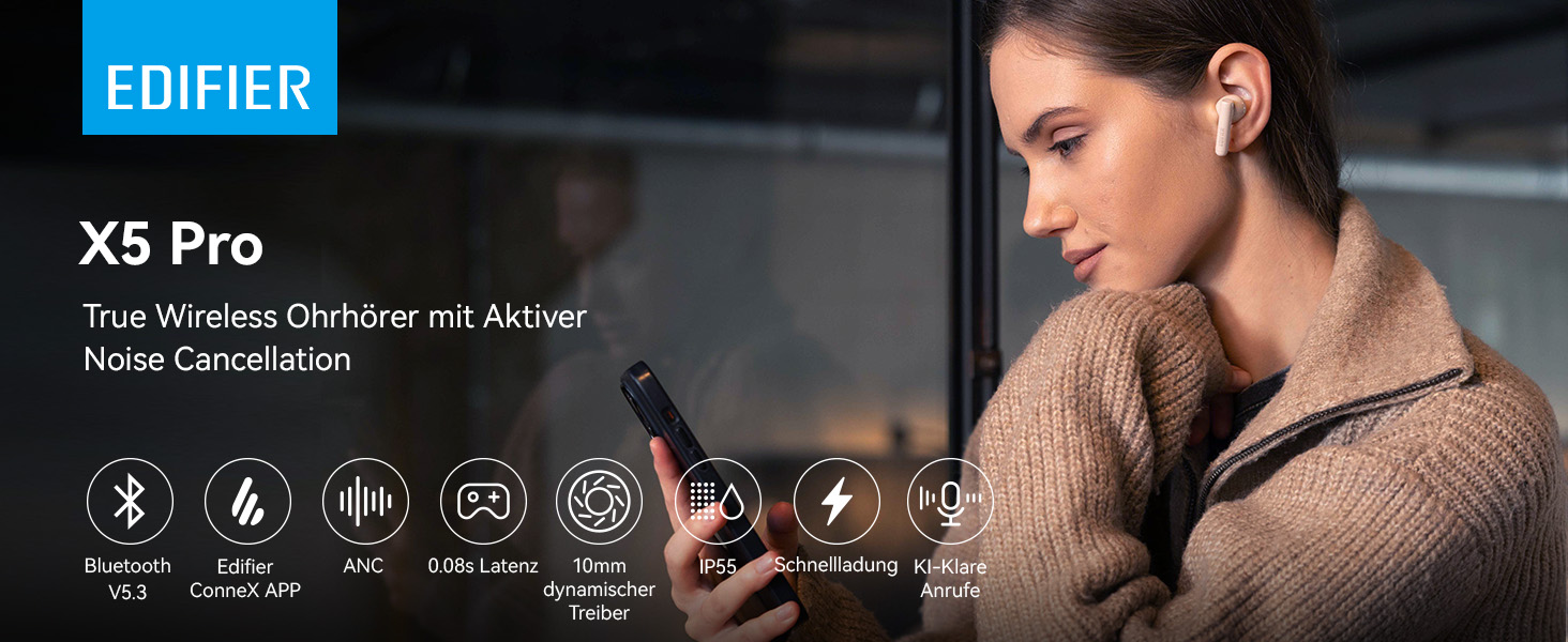 Справжні бездротові навушники Edifier X5 Pro Bluetooth 5.3, ANC, AI дзвінки, IP55, швидка зарядка (слонова кістка)