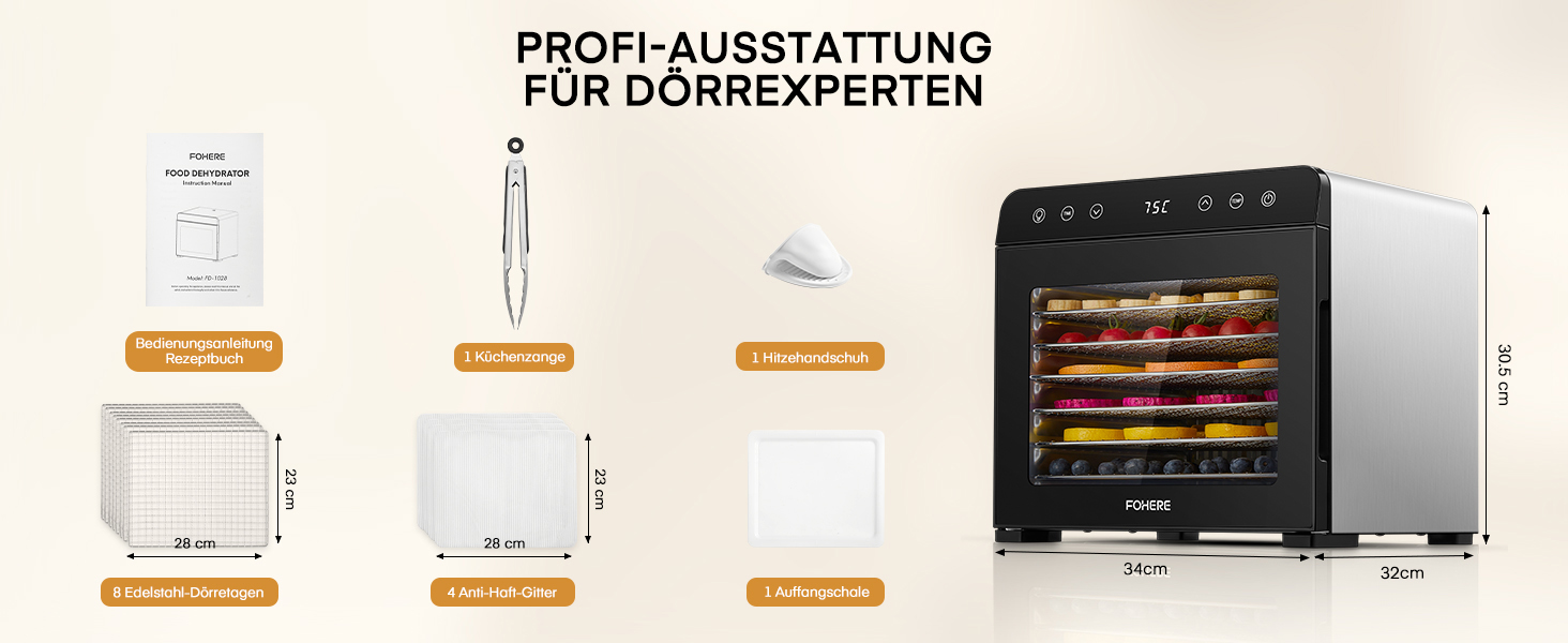 Електричний дегідратор FOHERE з нержавіючої сталі, 650W, 8 ярусів, таймер 48h, 35-75°C - для овочів, м'яса, трав, здорових перекусів та кемпінгу