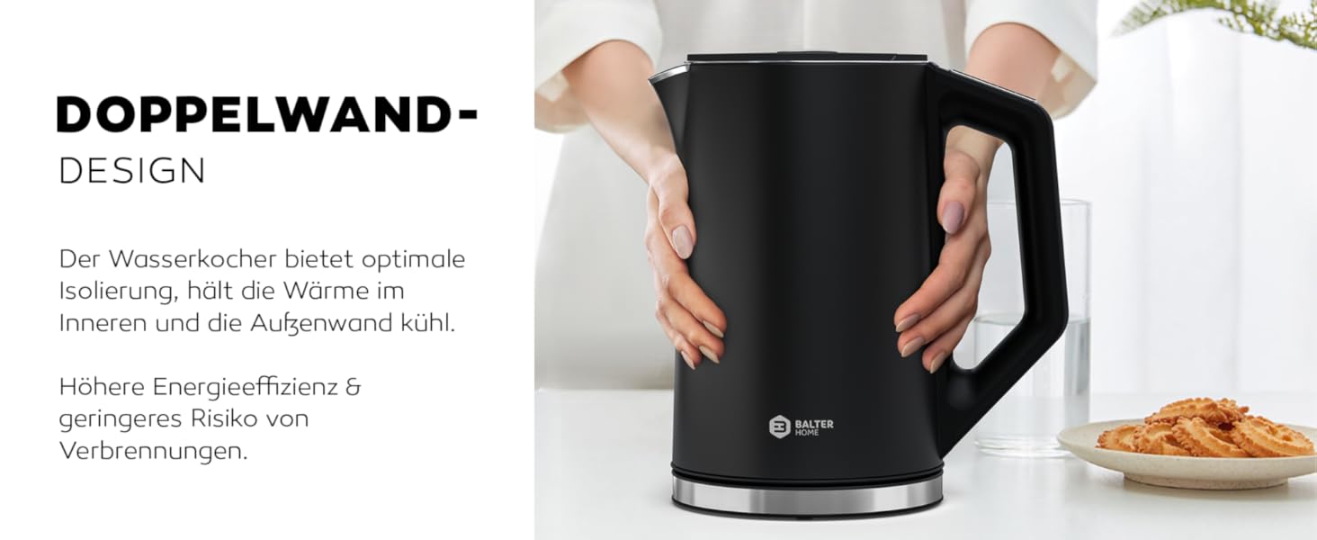 Електричний чайник BALTER з регулюванням температури, 1.5L, 2200W, білий/чорний, нержавіюча сталь, подвійні стінки, BPA free, бездротовий