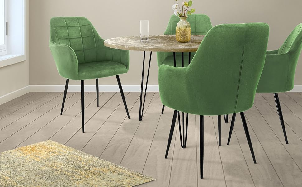 ECD Germany Комплект з 6 обідніх стільців з м'яким оксамитовим сидінням, металевими ніжками та підлокітниками, для вітальні та кухні, світло-зелений колір