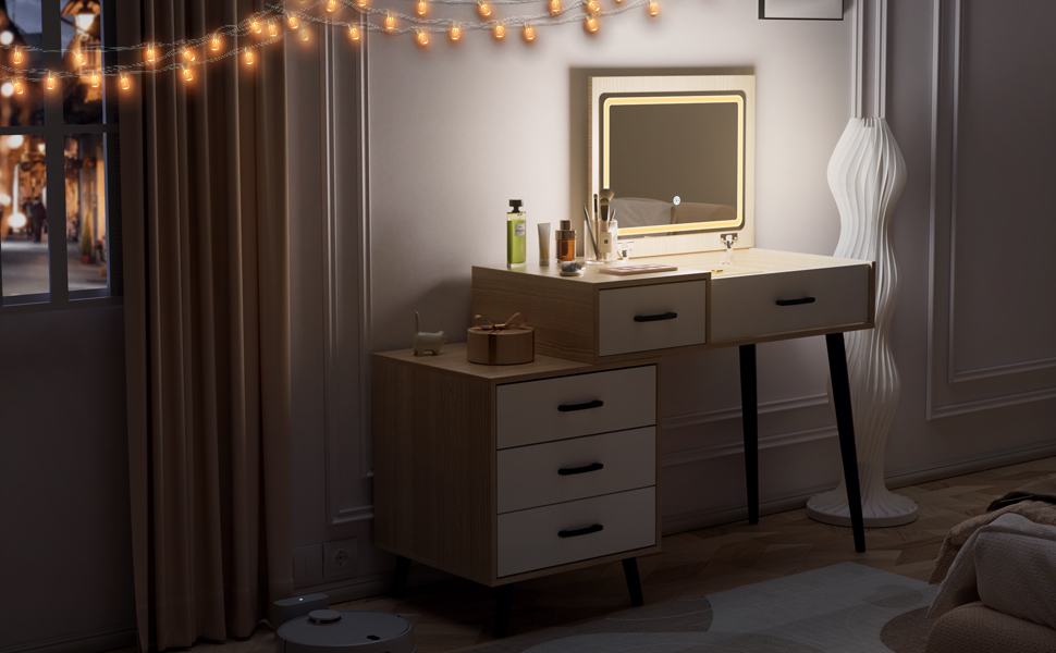 Трюмо ZenkiHome з дзеркалом та підсвіткою, ширина регулюється від 80 до 120 см, колір дуб