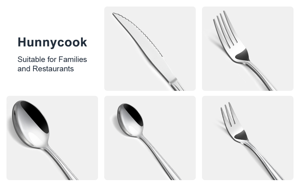 Набір столових приборів Hunnycook на 12 осіб (60 предметів) з нержавіючої сталі, з лінійними ручками, для дому/ресторану/вечірки, придатний для миття в посудомийній машині, сріблястий