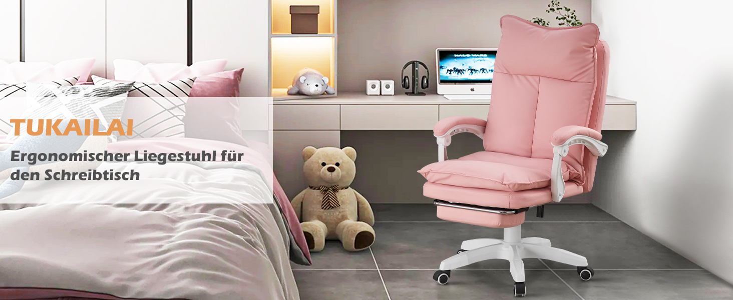 Офісне крісло TUKAILAI: ергономічне, з регулюванням висоти, підлокітники, підставка для ніг, рожеве