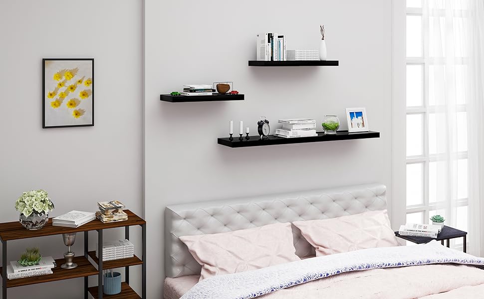 Полиця настінна WOLTU Volato набір 2 шт, плаваюча, для CD, DVD, книг, дерево, глянцева, 110x22.9x3.8 см, чорна (RG9483ws-2)