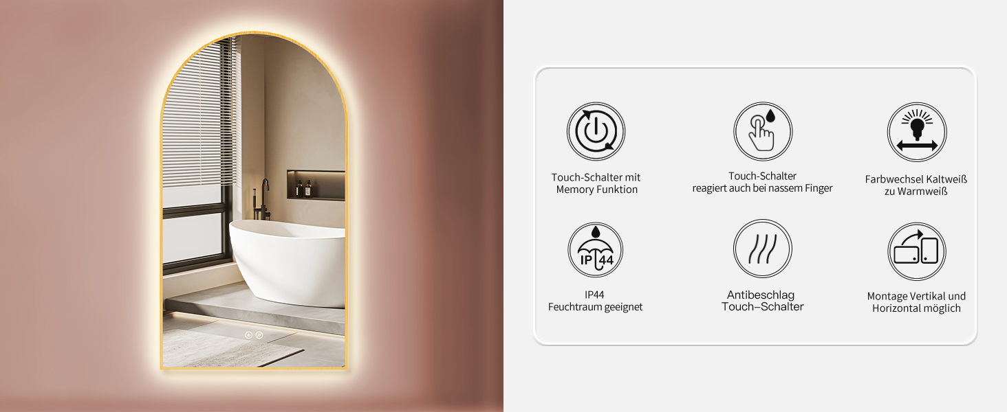 Дзеркало для ванної кімнати LED HOKO Design Turin, овальне, 45x75 см, матовий чорний, з підсвічуванням, сенсорне керування, зміна кольору світла (тепле/холодне/нейтральне), антизапарювання, монтаж HOCH+QUER