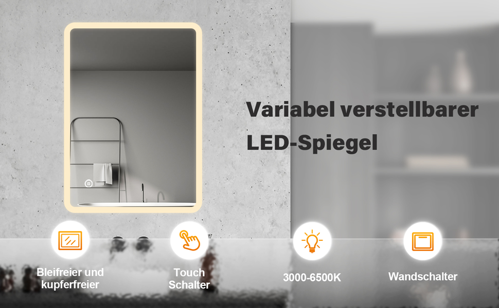 Дзеркало для ванної кімнати BD-Baode з LED-підсвічуванням 40x60 см, сенсорне керування, 3 режими освітлення, прямокутна форма