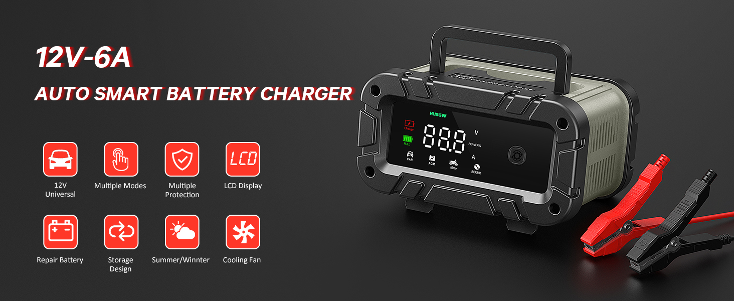 Автоматичний зарядний пристрій для акумуляторів з температурною компенсацією (6A), червоний. Підходить для авто, вантажівок, мотоциклів, газонокосарок, човнів та морських акумуляторів.