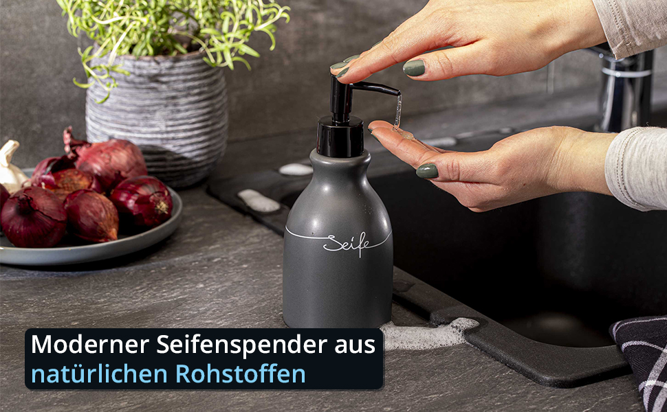 Контейнер для зберігання KHG, кераміка, антрацитовий сірий колір, з дерев'яним кришкою, 4 кг, круглий, з маркуванням, висота 28/21.5 см (дозатор мила)