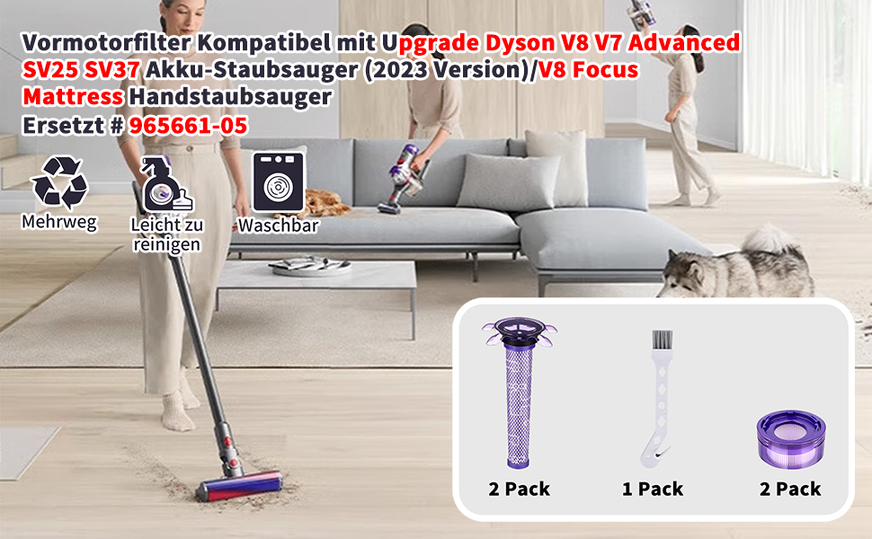 Комплекти фільтрів V8 для Dyson V8 Absolute/Animal, в т.ч. 2 HEPA, 2 фільтри попереднього очищення, 1 щітка для чищення, 2