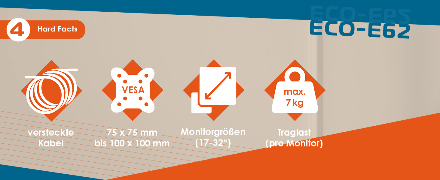 Кріплення для монітора Xantron® ECO-E62: 2 монітори (17-32 дюйми), VESA 75x75 & 100x100, для плоских та вигнутих моніторів, з монтажним комплектом