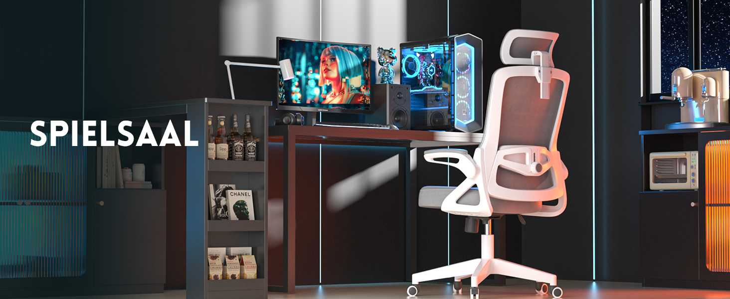 Ергономічне крісло для офісу та геймінгу, широке сидіння, регульовані підлокітники, біло-сіре, 90° підйом підлокітників