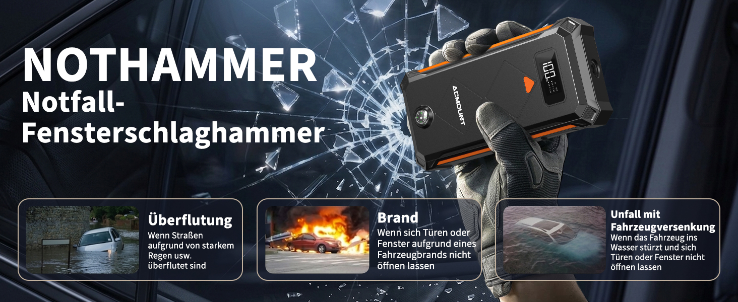 Бустерний пускач Acmount P110 7000A Powerbank для авто (12л бензин/10л дизель) з LED-ліхтарем, компасом та молотком для PKW, SUV, мотоциклів, газонокосарок, помаранчевий