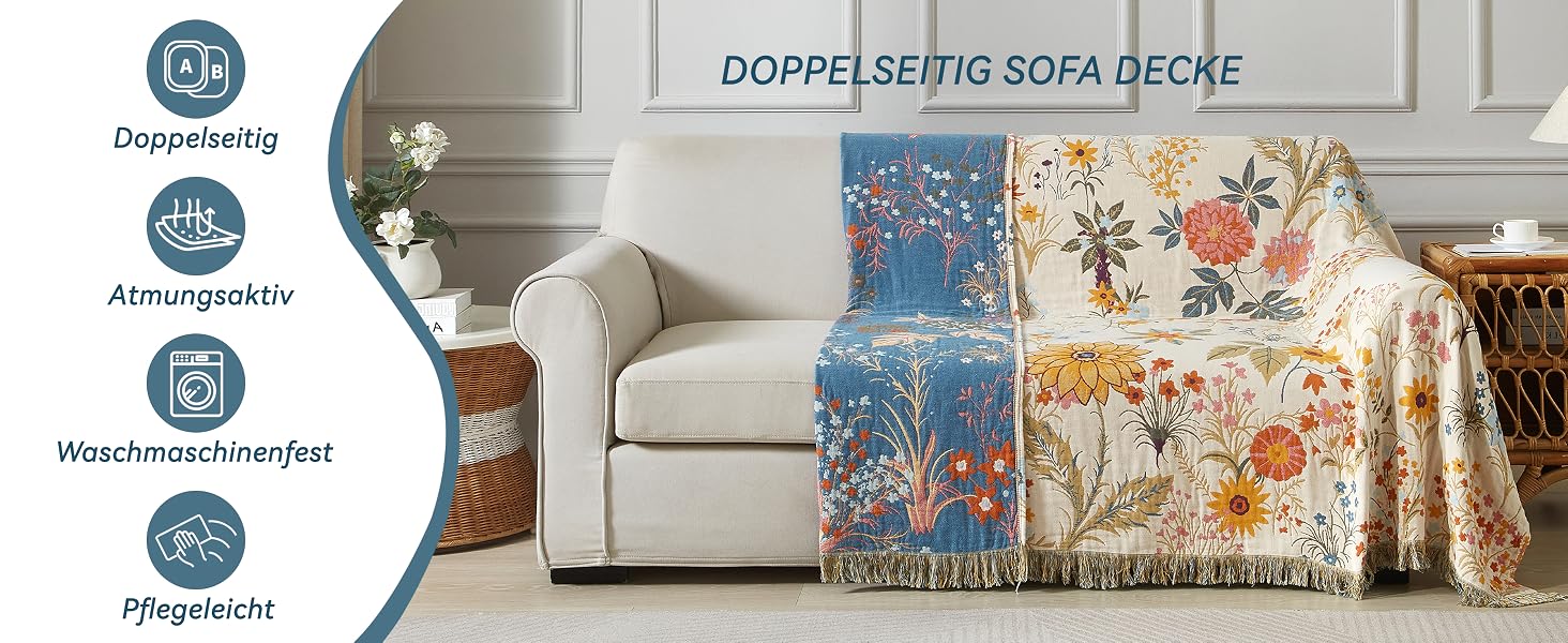 Покривало Bailix Premium Boho з 100% бавовни, двостороння муслінова ковдра з бахромою 150x200 см, декоративний плед для дивана та ліжка, синій/бежевий, принт Blumengarten