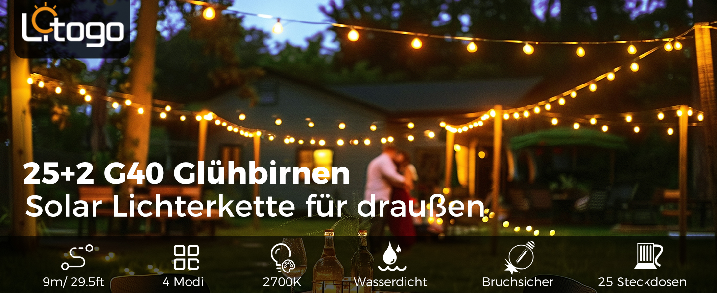 Світлодіодна вулична гірлянда litogo, 25 2 світлодіода 9 м G40 сонячні гірлянди, водонепроникні зовнішні лампочки IP55 4 режими, Сонячна підсвітка
