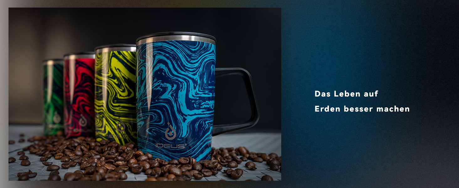 Кружка для кави та чаю Ideus® 470 мл з подвійними стінками, з нержавіючої сталі, з антиковзним руків'ям та кришкою-модулем, великий об'єм (Червоно-зебра)