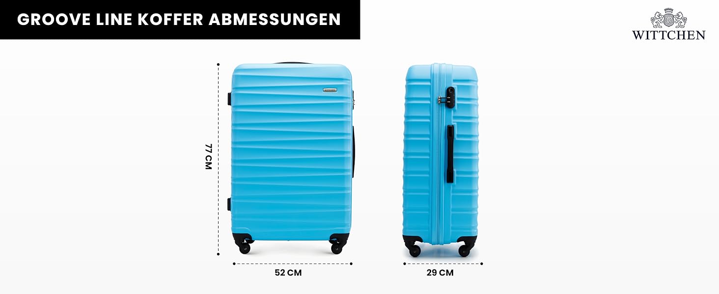 Набір валізWITTCHEN 3 в 1: велика, середня, маленька. Валізи на колесах з ABS, з кодовим замком, 4 колеса, Groove Line. Підходить для Lufthansa, Eurowings, Ryanair, Condor. (Синій, косметичка)