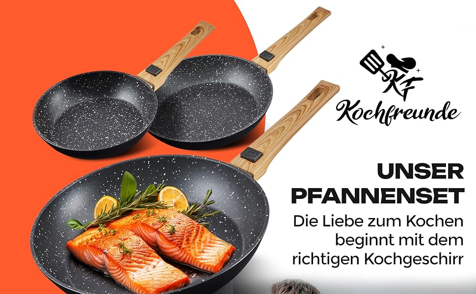 Набір сковорідок Kochfreunde з 3 частин, 20/24/28 см, знімна ручка, з антипригарним покриттям, індукційні, без PFOA, для всіх типів варильних поверхонь