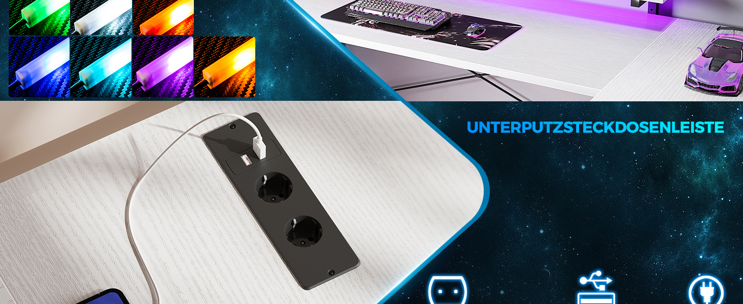 Кутовий стіл ODK з 4 шухлядами, місцем для зберігання, 2 розетками та 2 USB-портами для зарядки, з підсвічуванням LED та підставкою для монітора, 167×102 см, білий