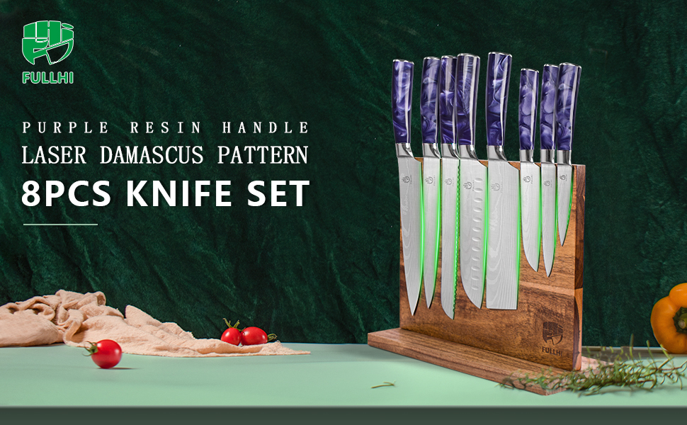 Японський набір ножів Fullhi 15 предметів з магнітним підставкою, леза з японської сталі, ергономічні ручки з фіолетового харчу, для професійної та домашньої кухні