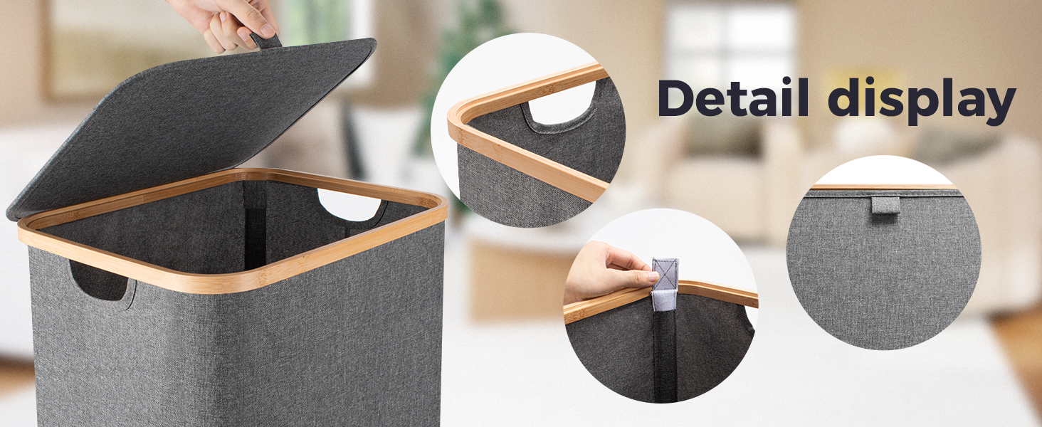 Кошик для білизни Rieeyrslza з кришкою, 158 л, бамбук, 2 знімні мішки для білизни, Oxford, складний, сортувальник, для ковдр та одягу (сірий)