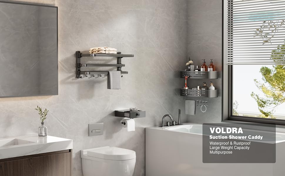Полка для душу Voldra без свердління, кутова, з присосками, для ванної кімнати, металева, з тримачем для рушників (2 шт., сіра)