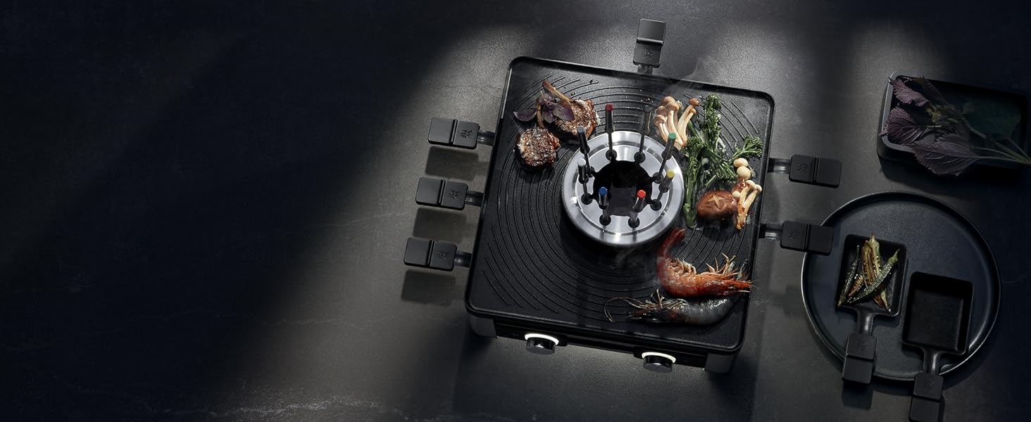 Станція WMF Lumero 3в1 Gourmet: Ракле-Фондю, електрична, для 8 осіб, регулювання температури, LED-підсвітка, 1800 Вт, нержавіюча сталь матова