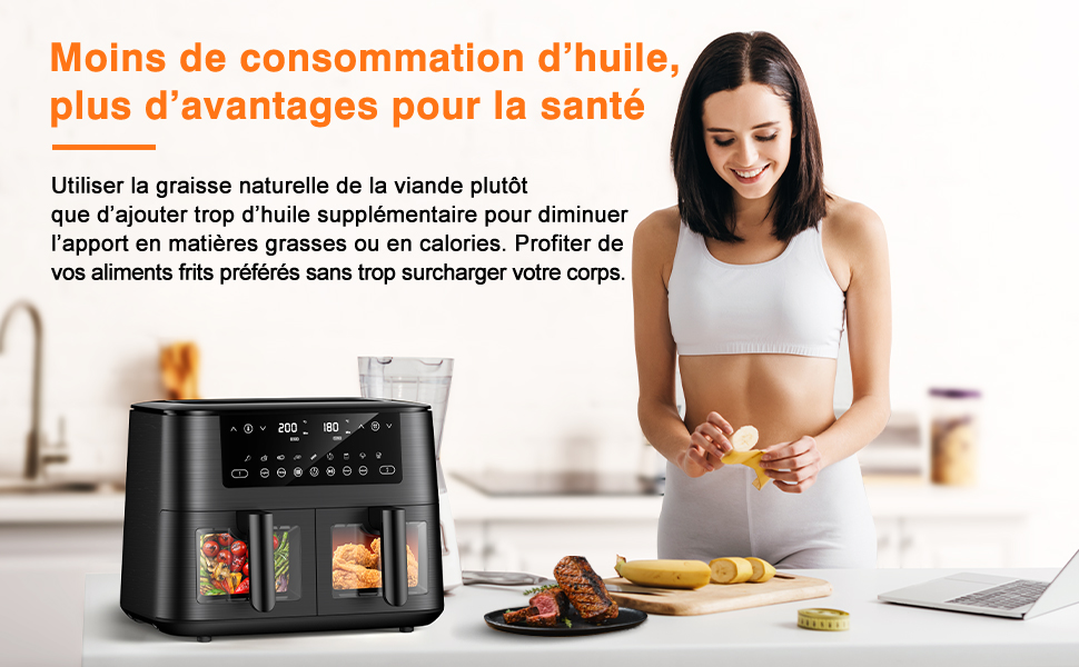 Аерофритюрниця з двома камерами та вікном перегляду 9л, Airfryer 9-в-1 з сенсорним керуванням, антипригарне покриття, для здорового приготування без олії