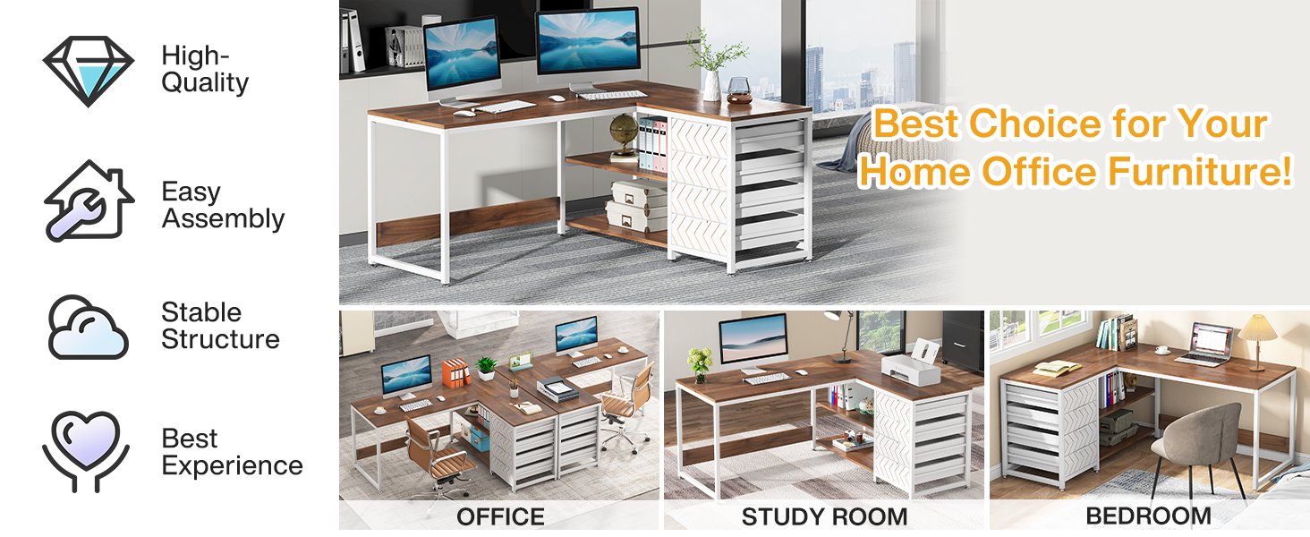 Письмовий стіл Tribesigns L-подібний з 4 висувними ящиками, комп'ютерний стіл з 2 полицями, кутовий стіл з місцем для зберігання для офісу, кабінету, вітальні, 150×110×75 см (горіх & білий)