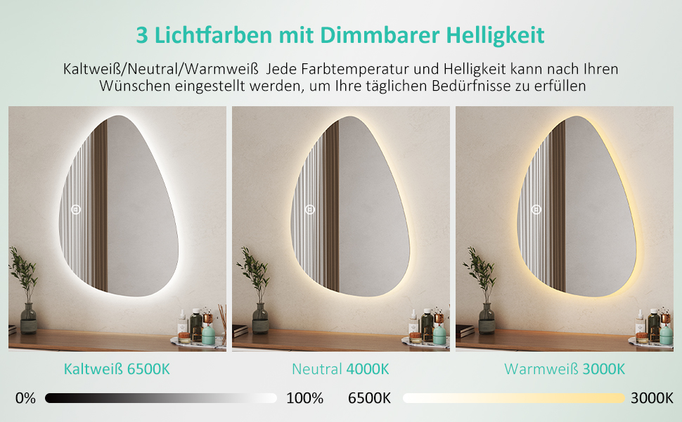Асиметричне дзеркало для ванної кімнати Boromal з підсвічуванням 80x80 см, LED, сенсорний вимикач, 3 кольори, регулювання яскравості